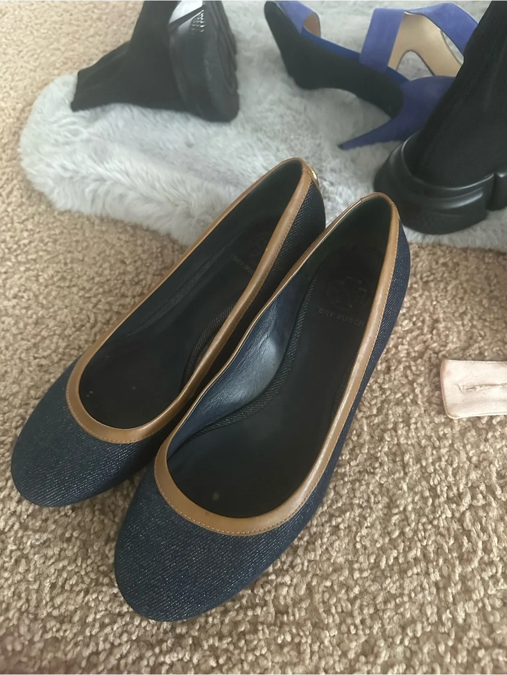 Tory Burch Navy Denim Ballet Flats with Tan Trim